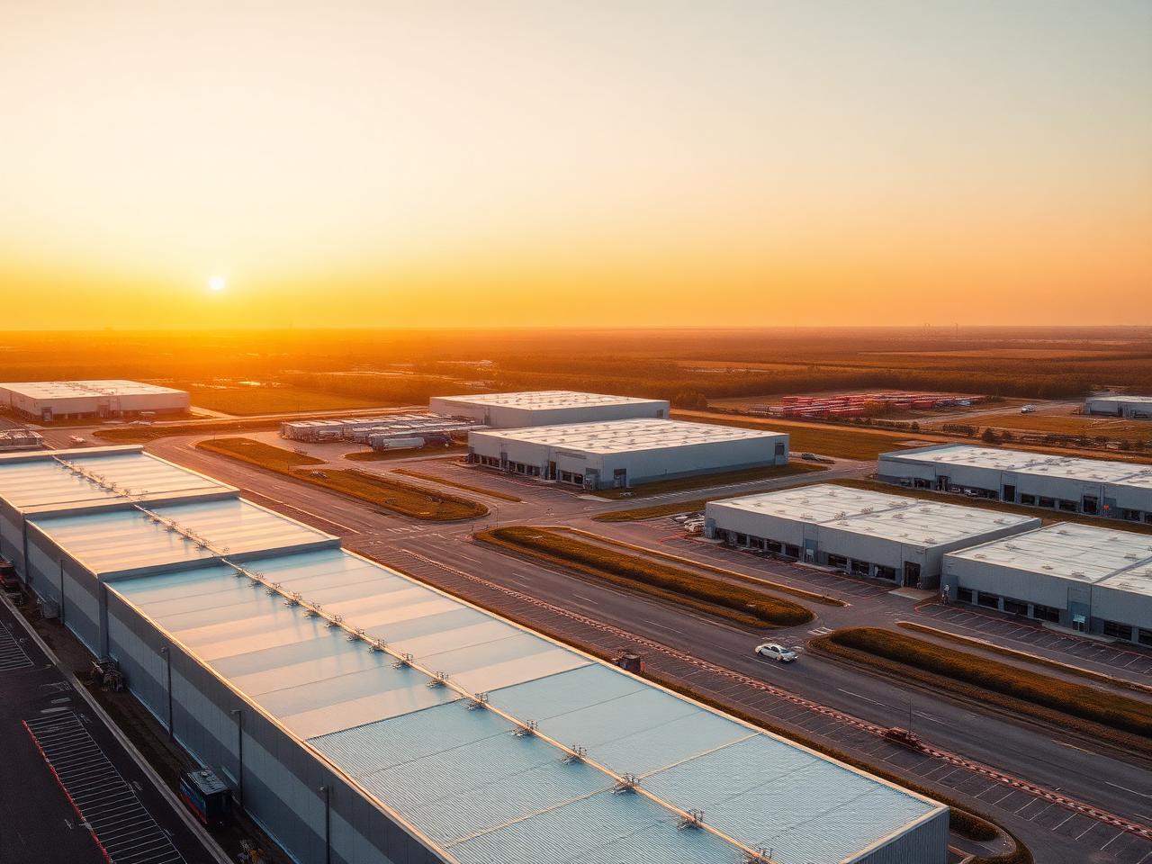 Vista aérea de empreendimento logístico e comercial ao pôr do sol