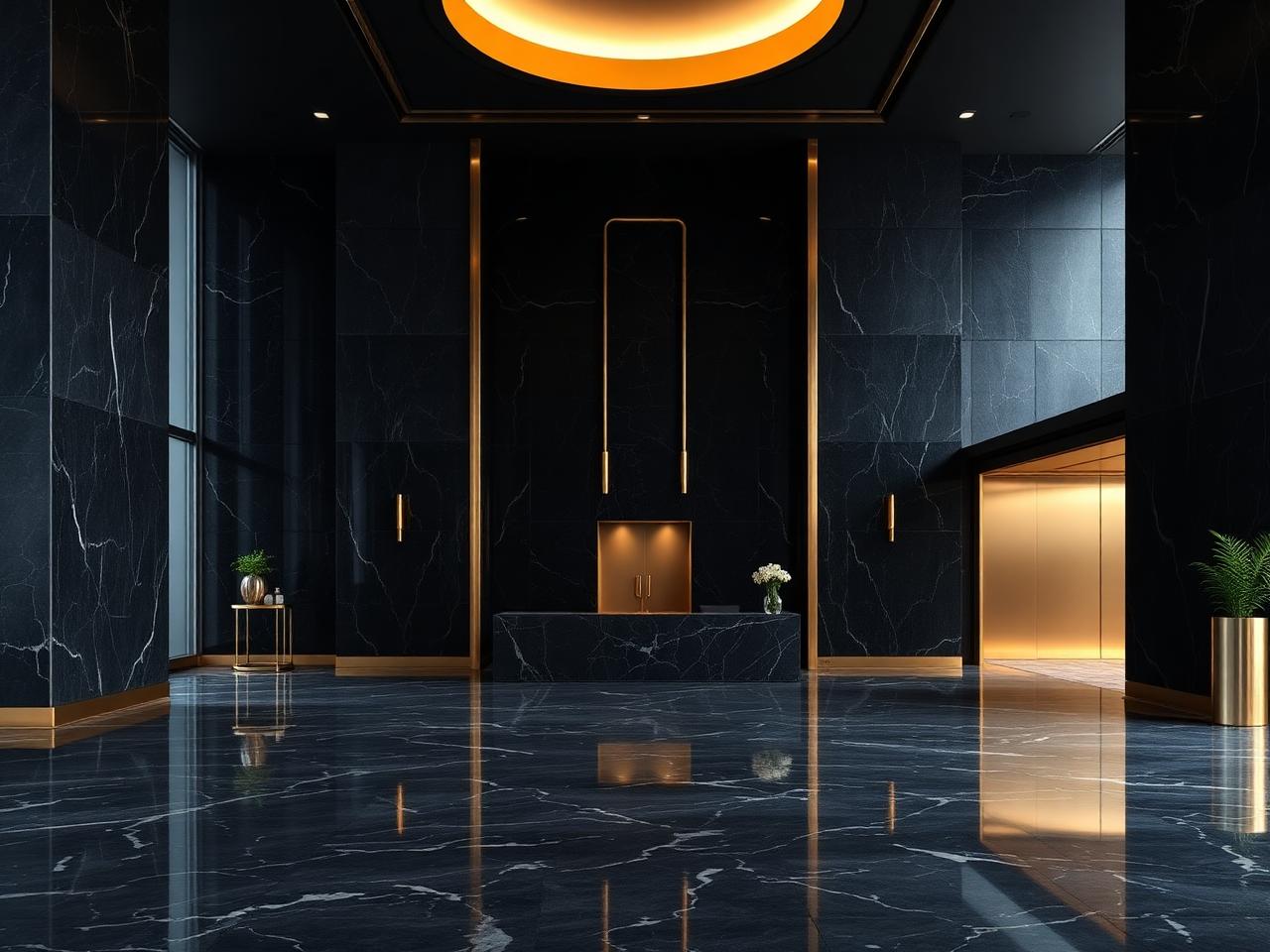 Lobby corporativo em mármore escuro com detalhes dourados