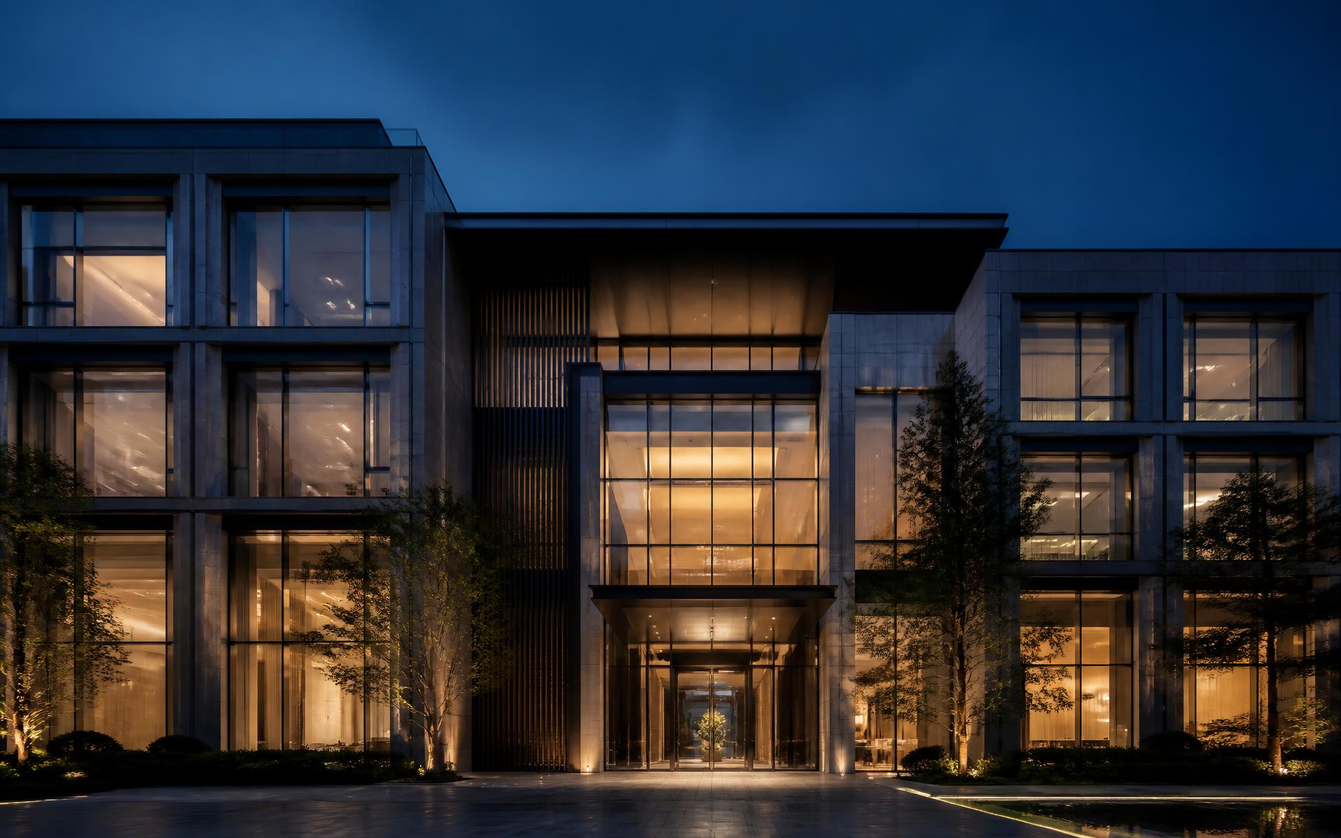 Fachada de empreendimento corporativo ao entardecer